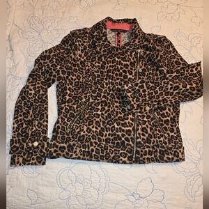 Black House Black Market Leopard Print Moto Style Denim Fabric Jacket. NWOT.